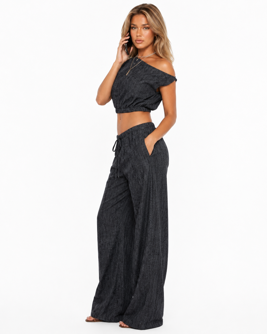 Charcoal Blue Off-shoulder set