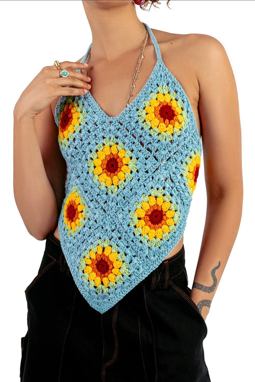 Backless sun flower crochet top in baby blue