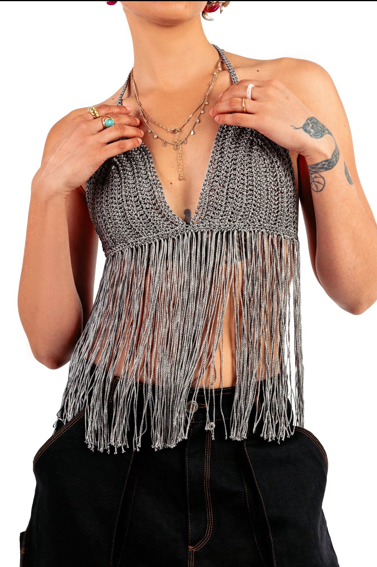 Boho crochet crop in dark silver