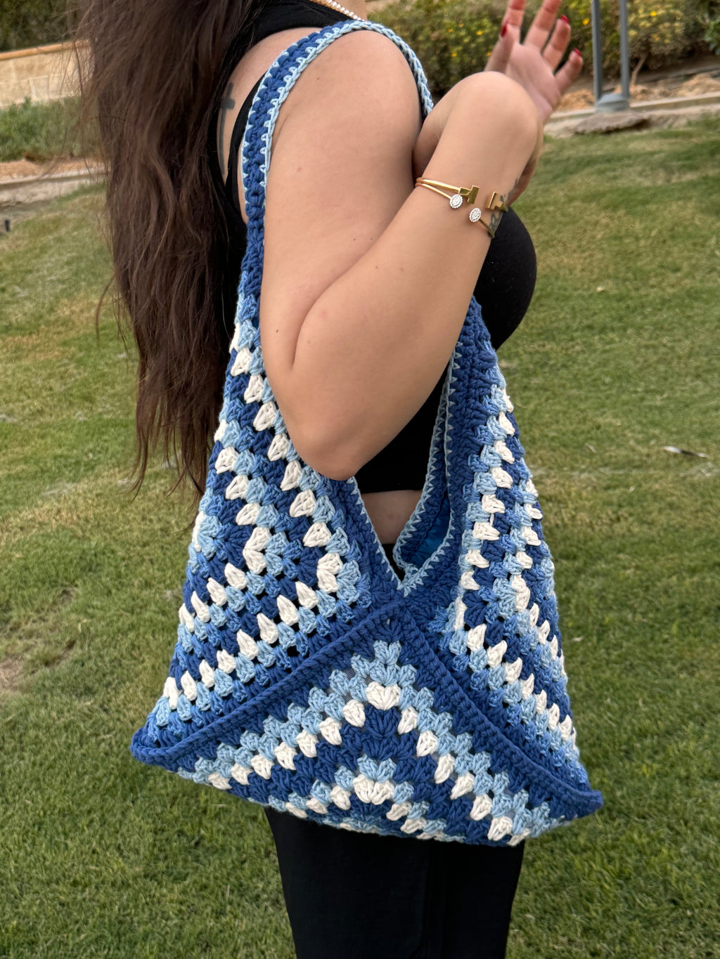 Royal Blue granny square crochet tote bag