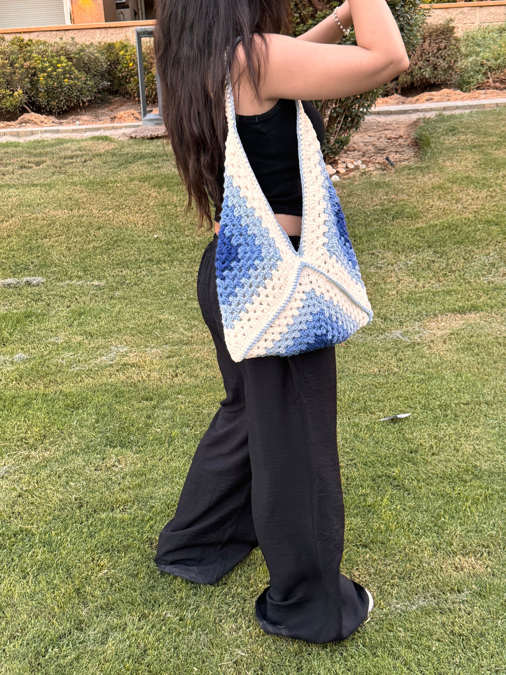Blue granny square crochet tote bag