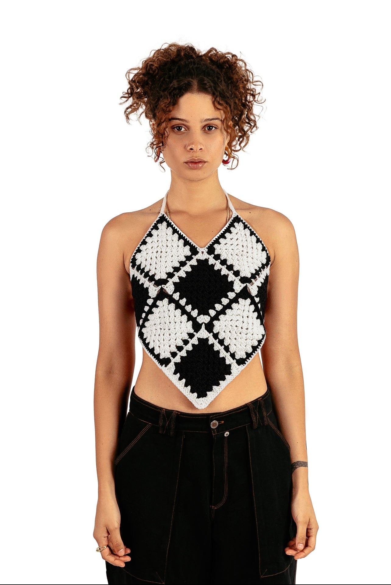 Backless Granny crochet top in black & white