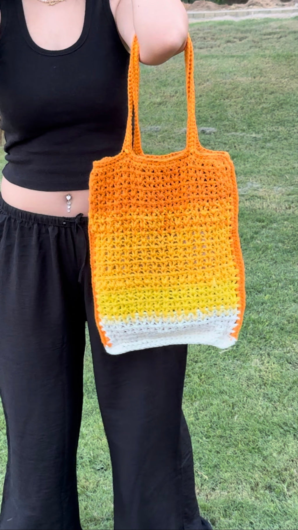 yellow X orange crochet tote bag