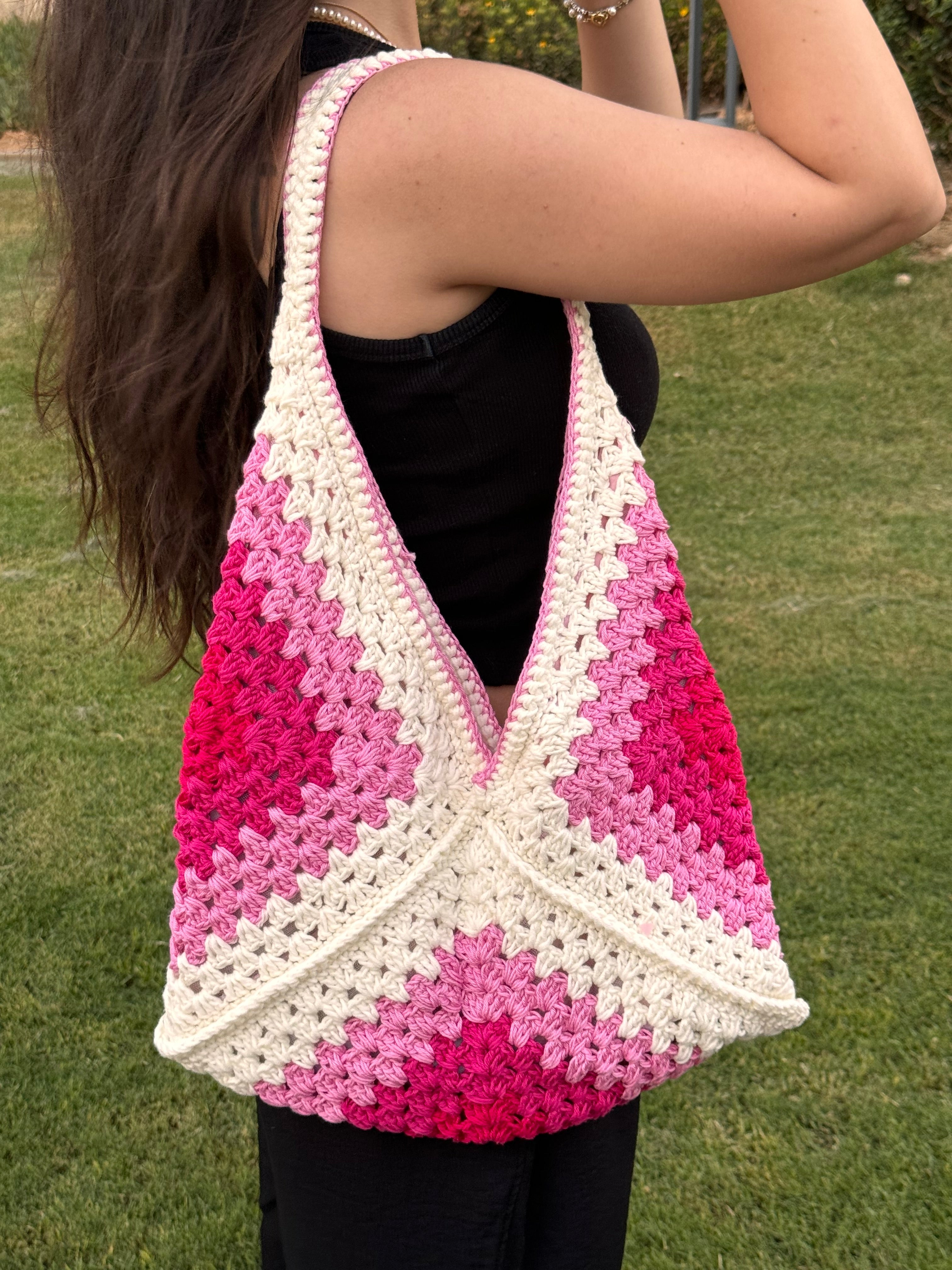Hot Pink granny square crochet tote bag