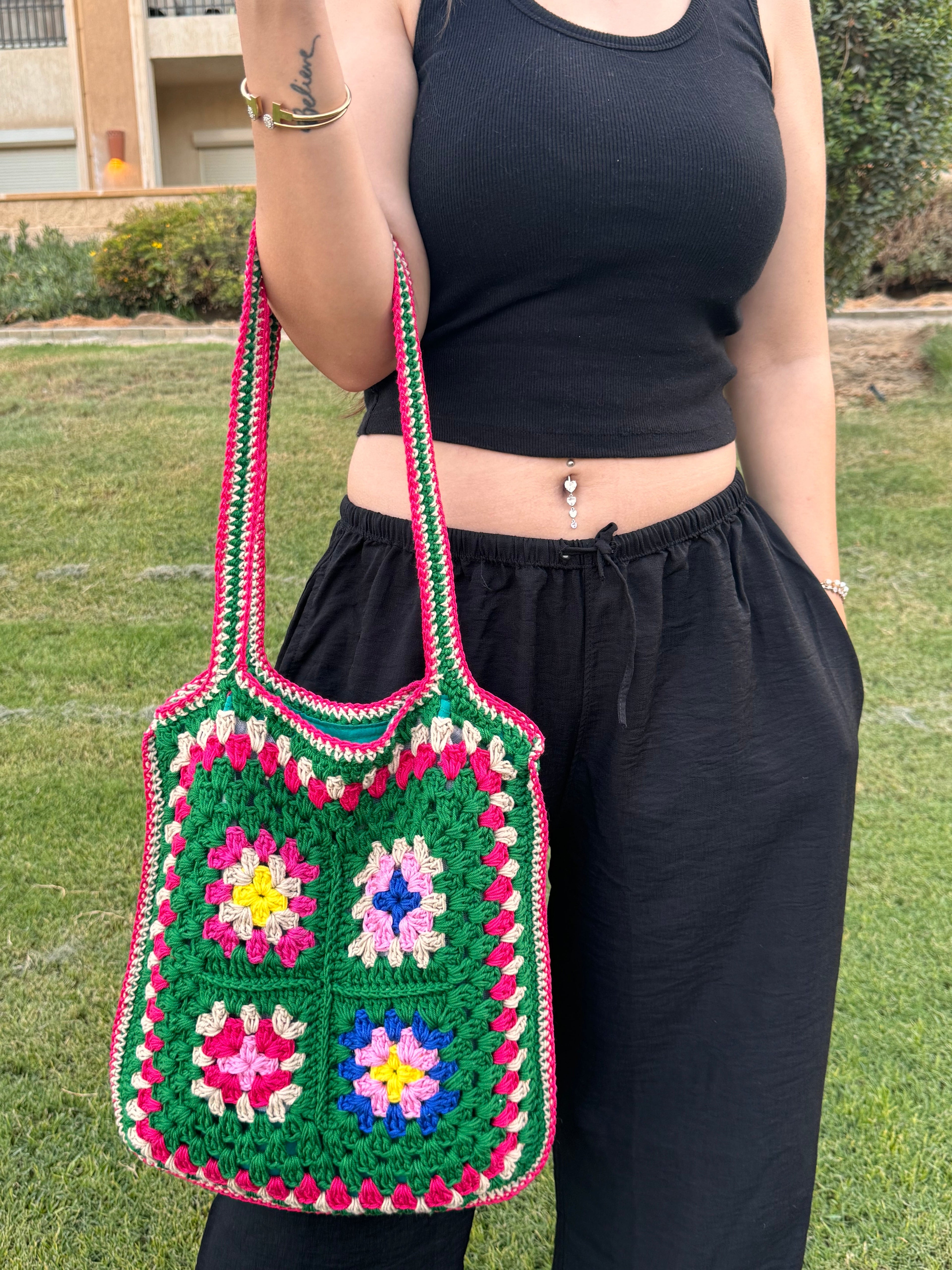 Green granny square crochet tote bag
