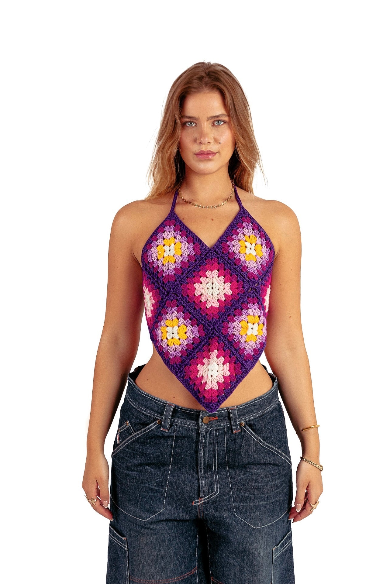Backless granny square crochet top in purple