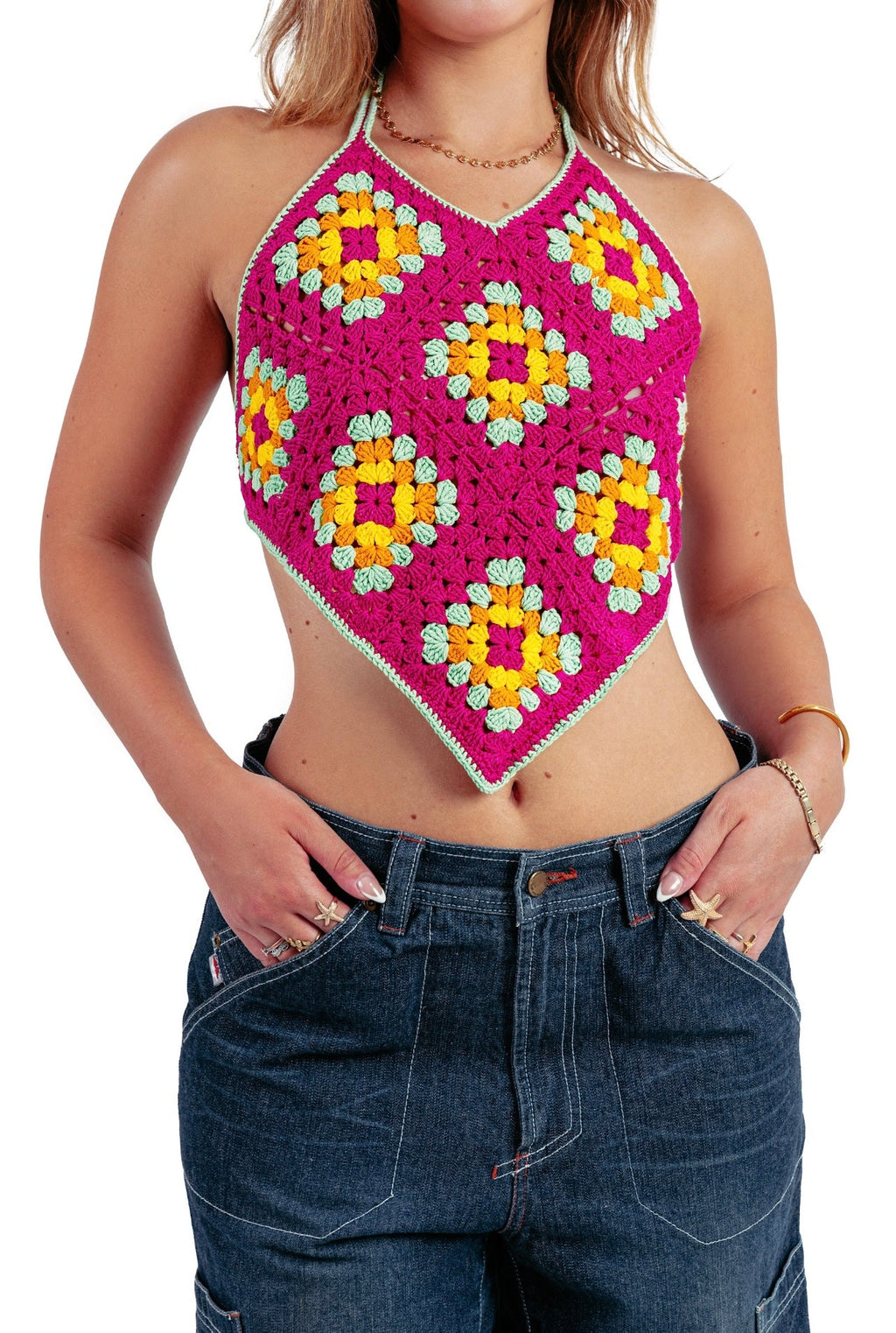 Backless Granny crochet top in pink
