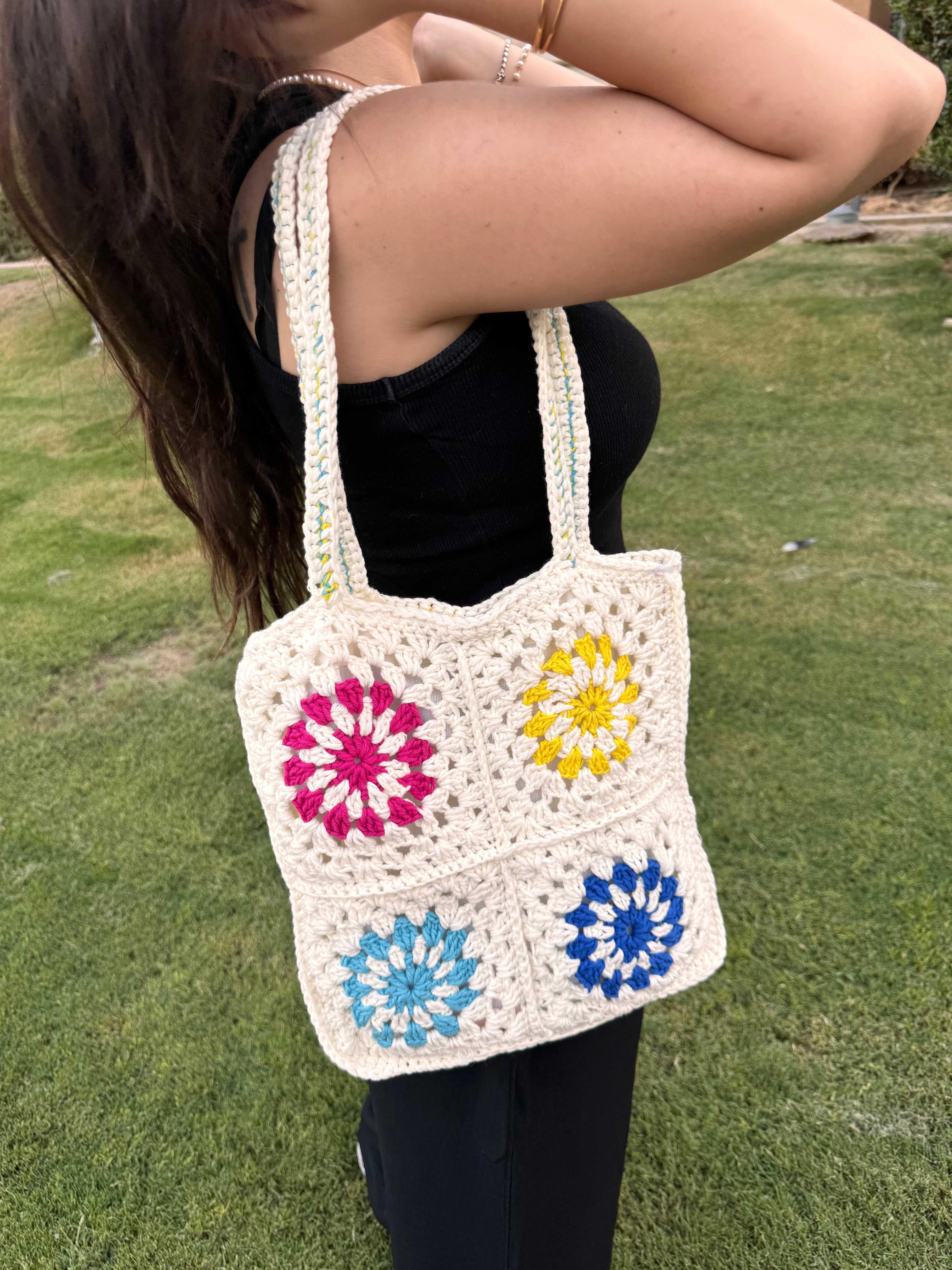 White granny square crochet tote bag