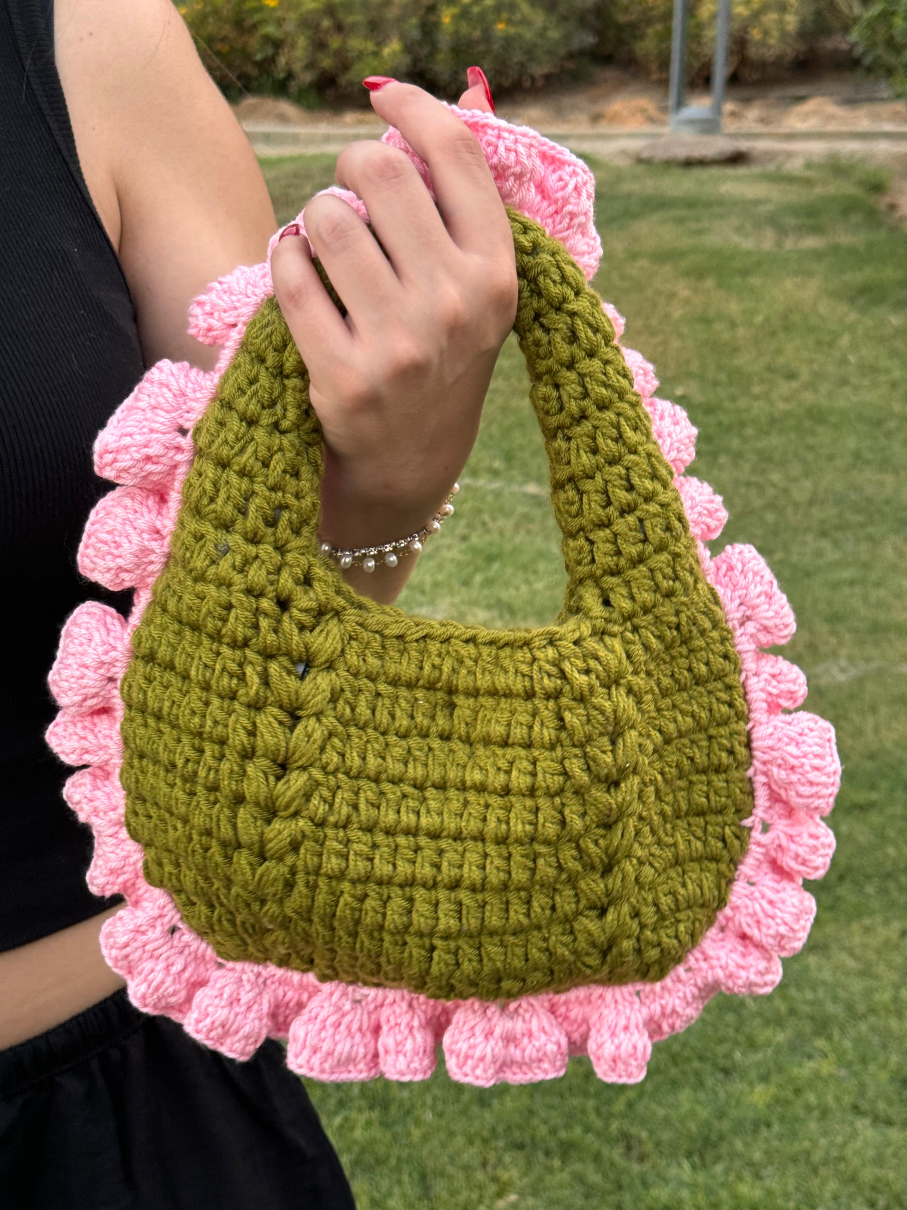 Olive x baby pink crochet bag