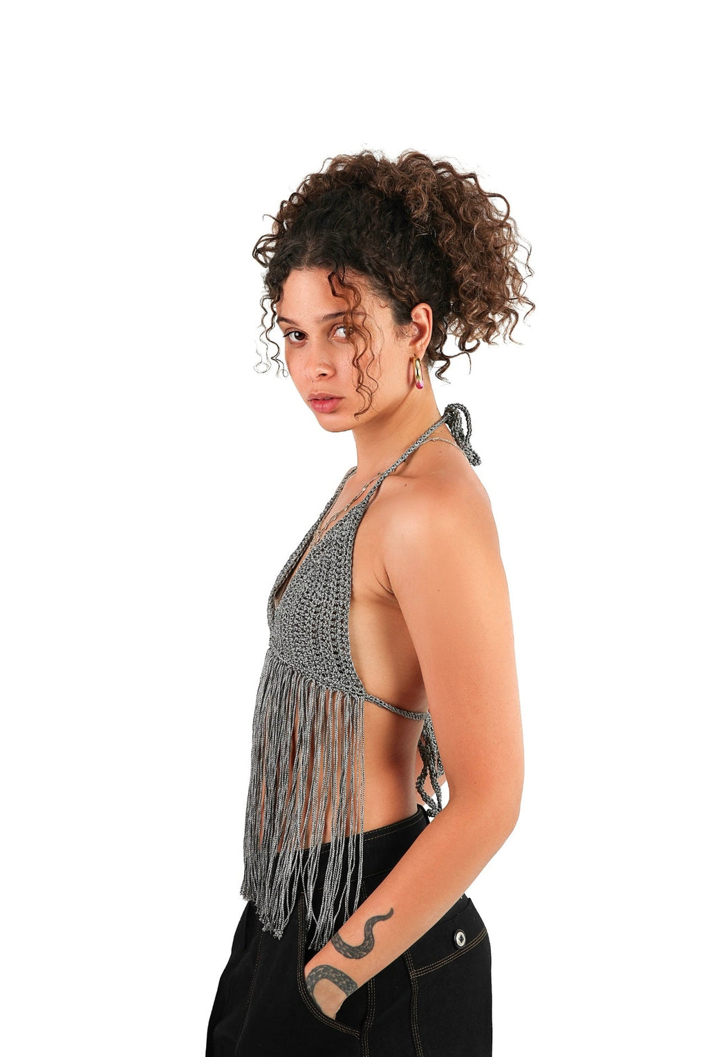 Boho crochet crop in dark silver