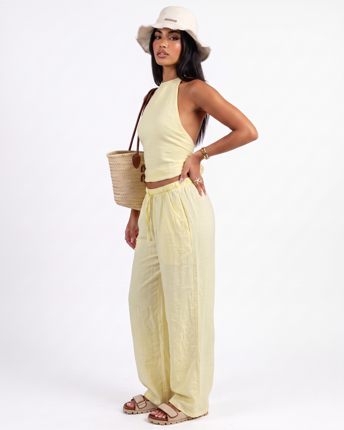 Butter yellow backless linen set