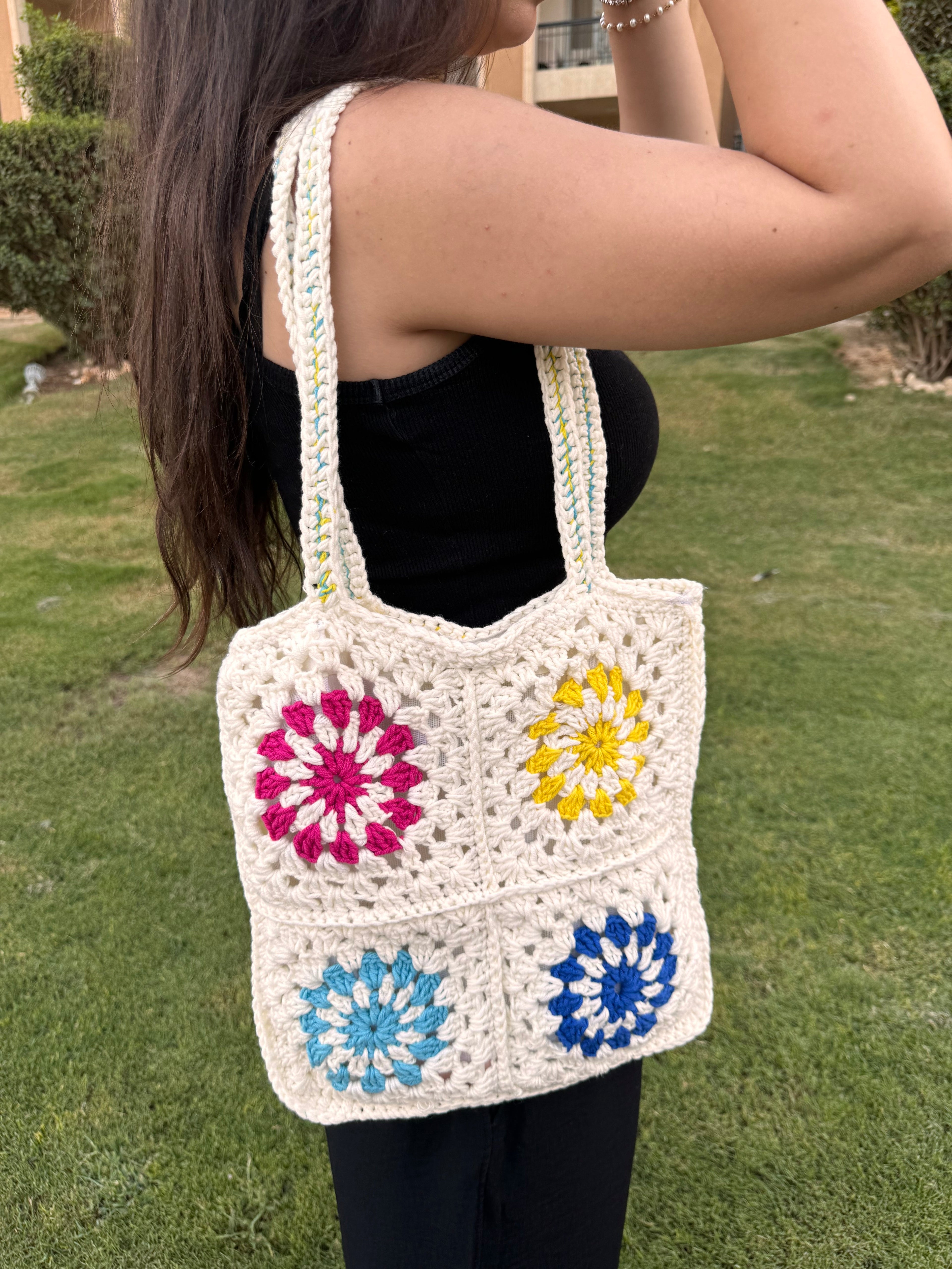White granny square crochet tote bag