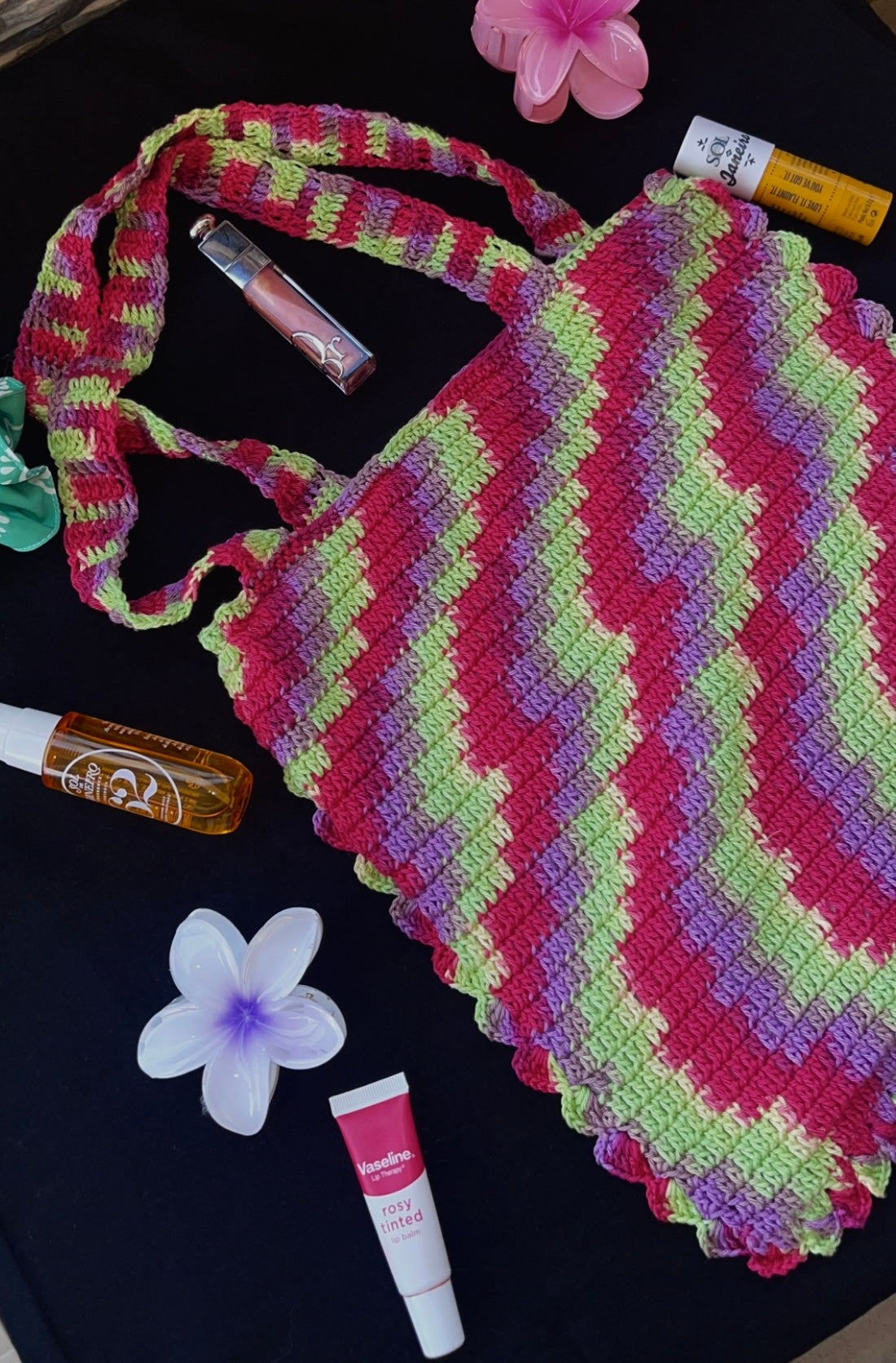 Pink X green crochet tote bag