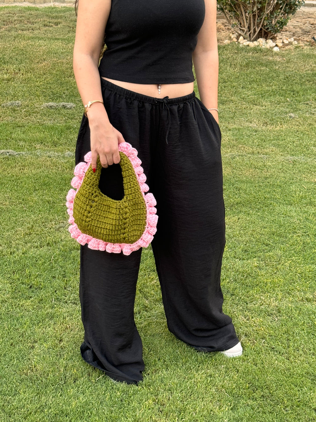 Olive x baby pink crochet bag