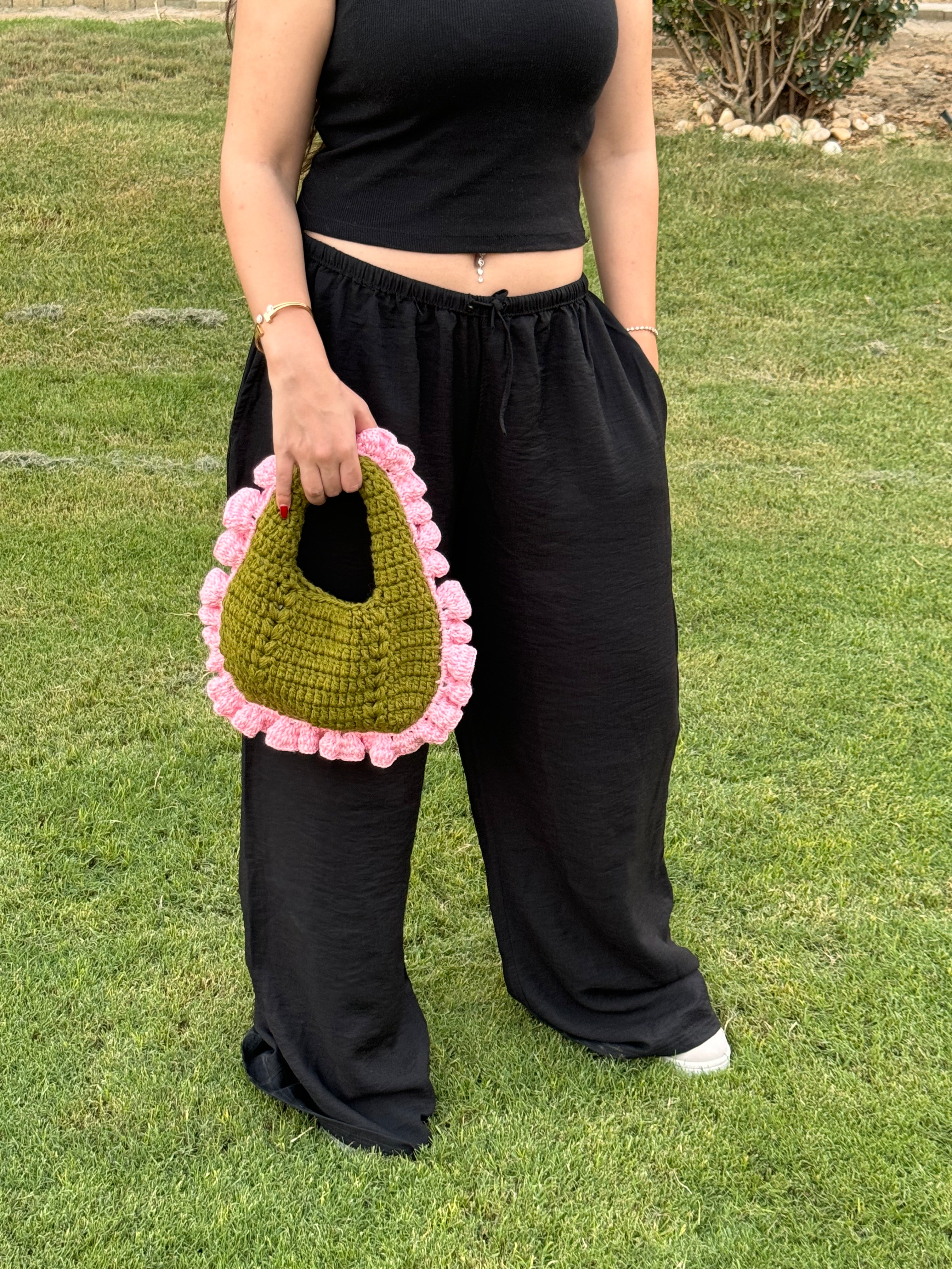 Olive x baby pink crochet bag