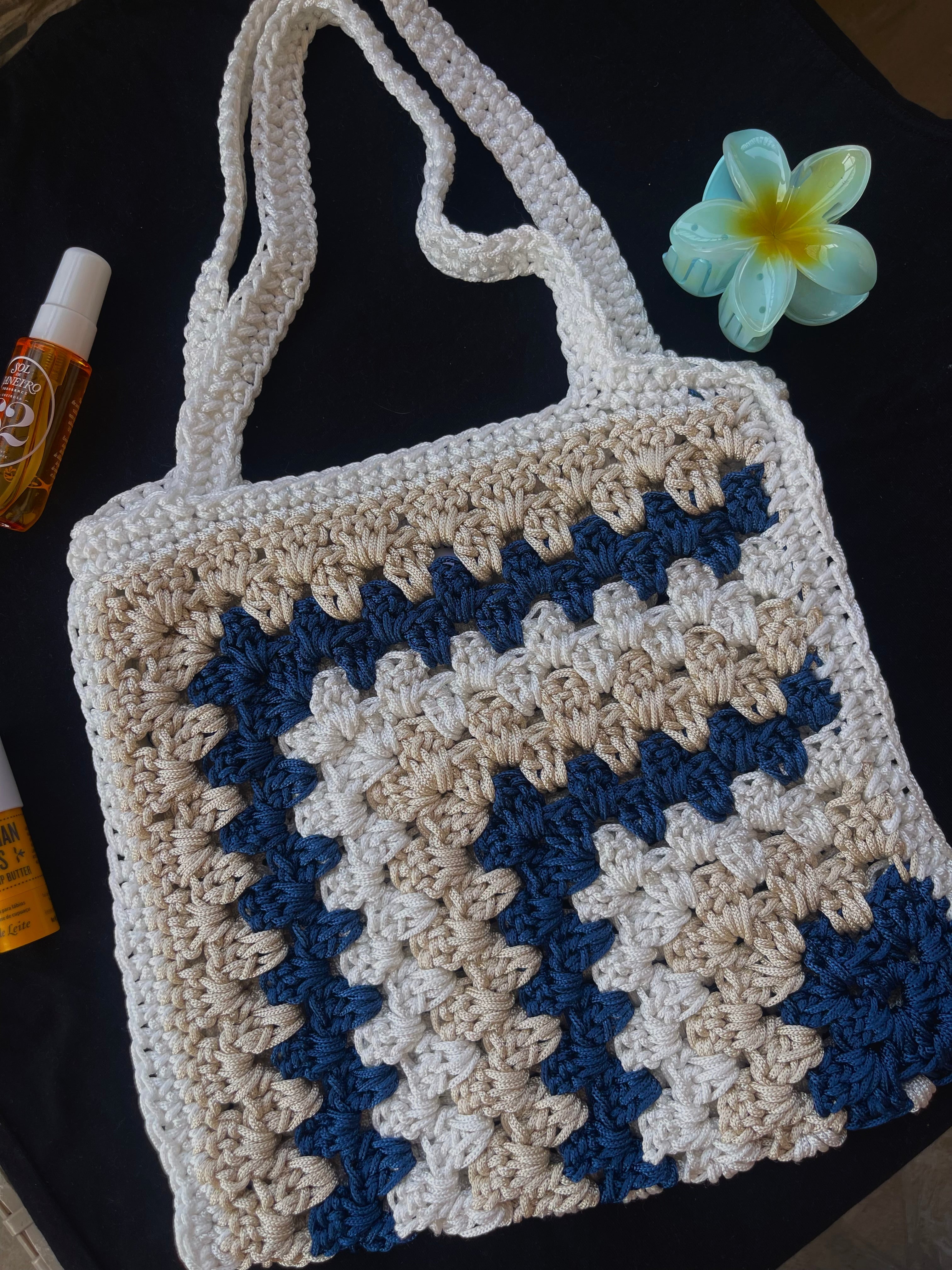 Navy blue granny square crochet tote bag
