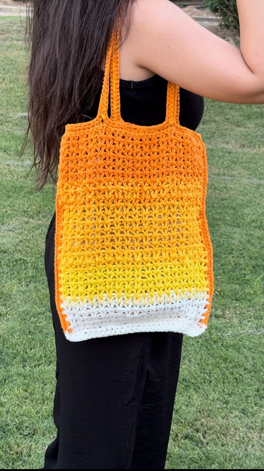yellow X orange crochet tote bag