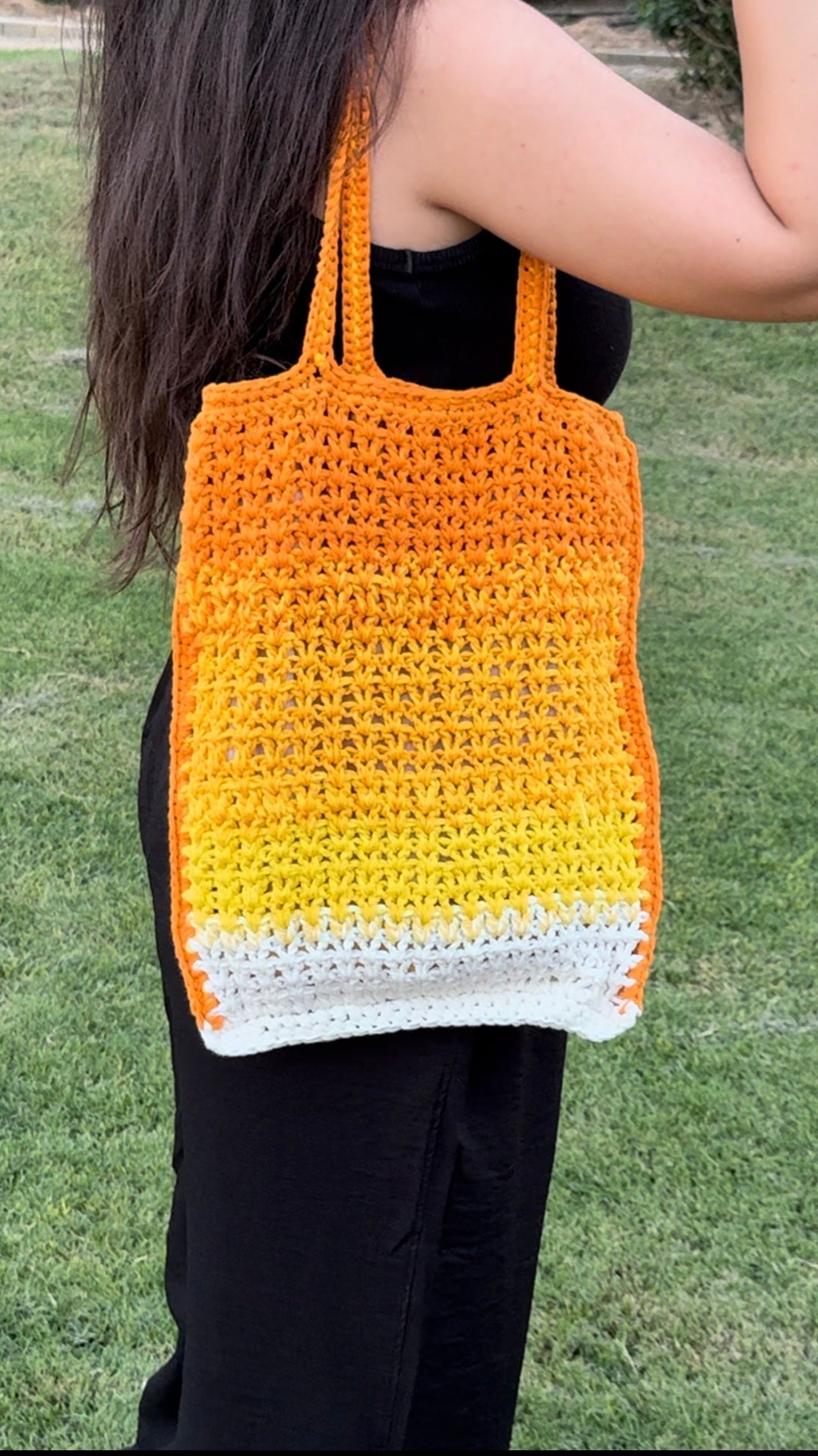 yellow X orange crochet tote bag