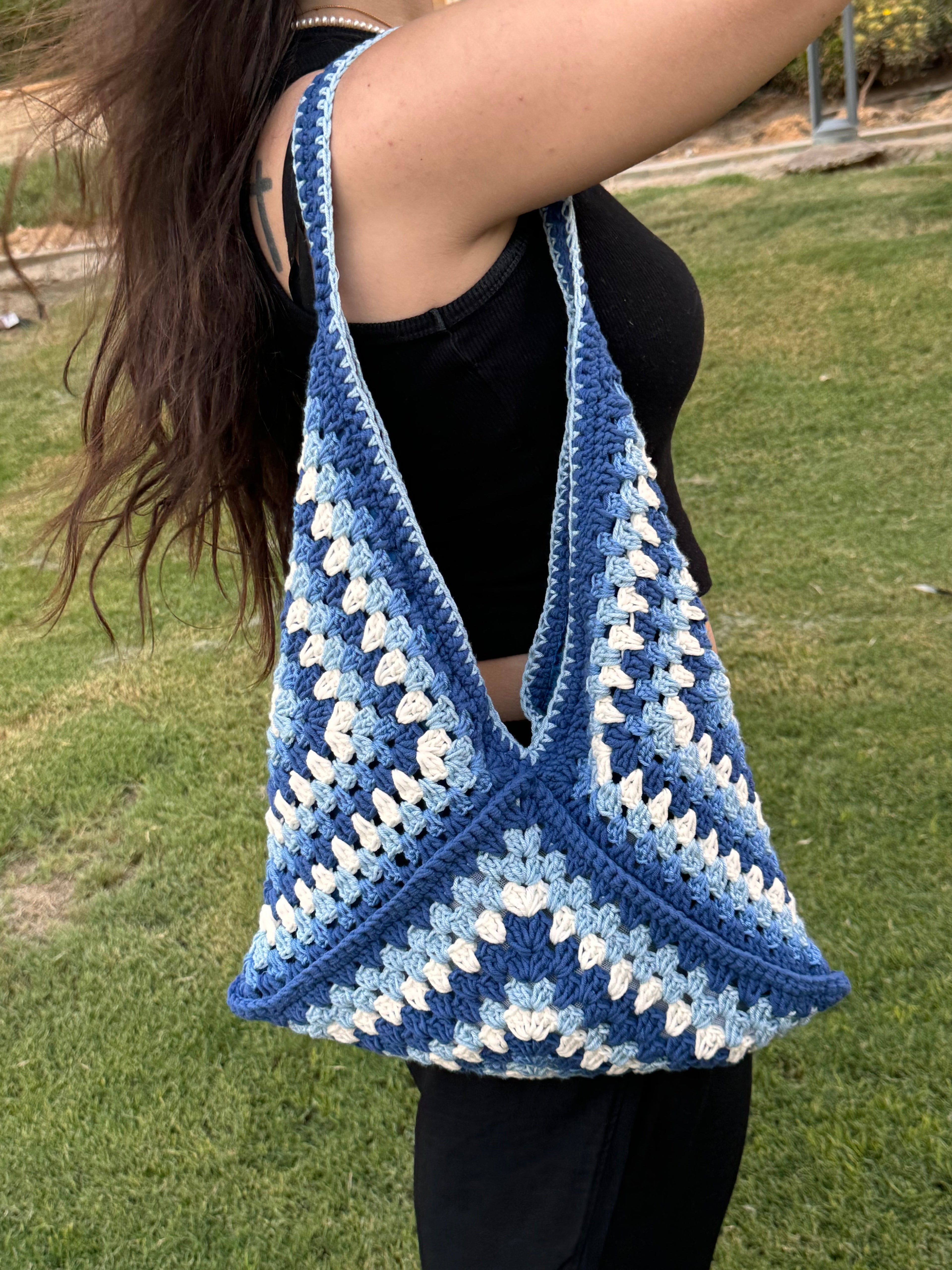 Royal Blue granny square crochet tote bag