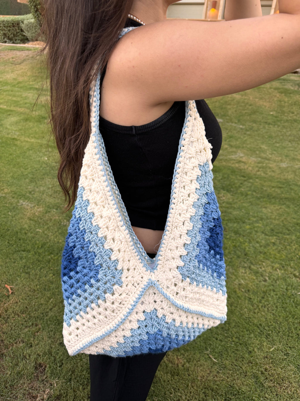 Blue granny square crochet tote bag