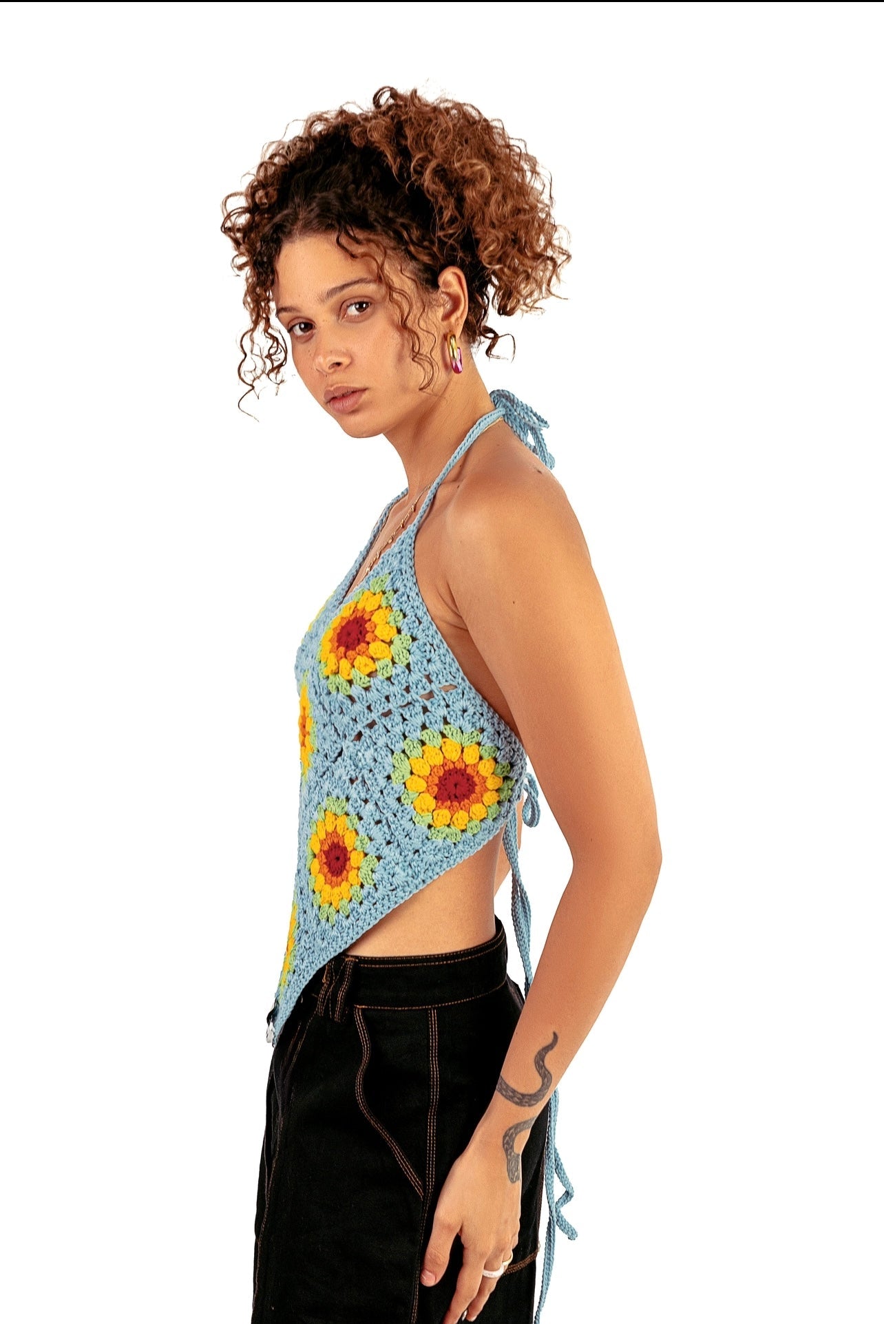 Backless sun flower crochet top in baby blue