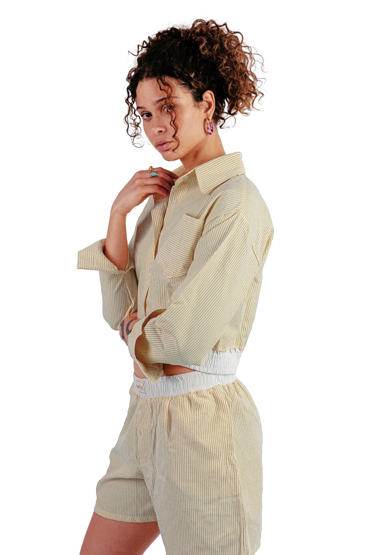 Pastel yellow Stripe set in boxer Shorts