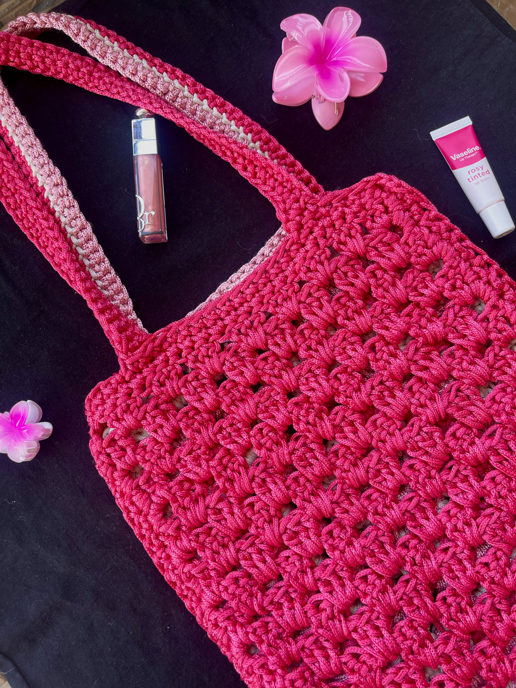 Pink granny square crochet tote bag