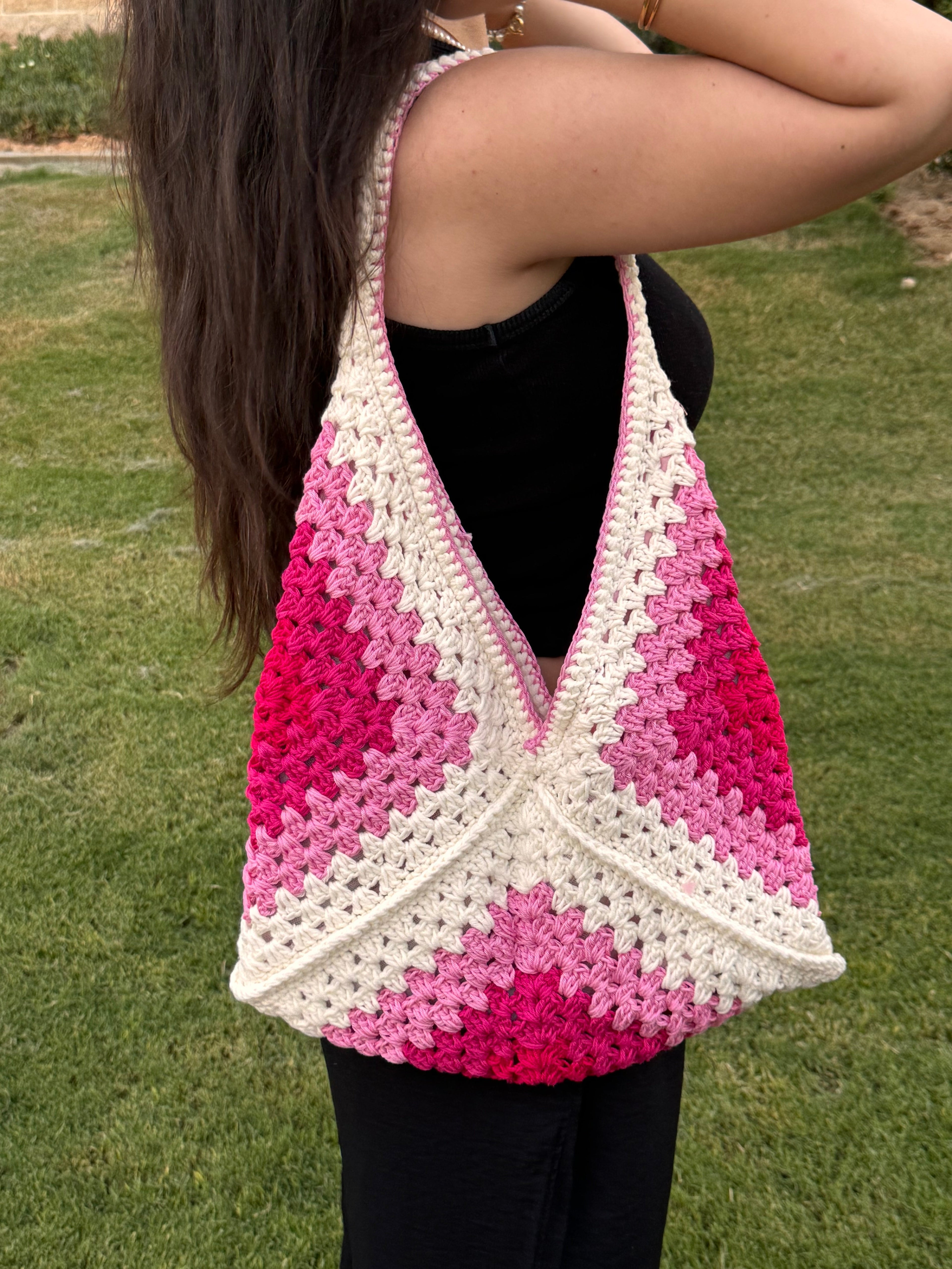 Hot Pink granny square crochet tote bag