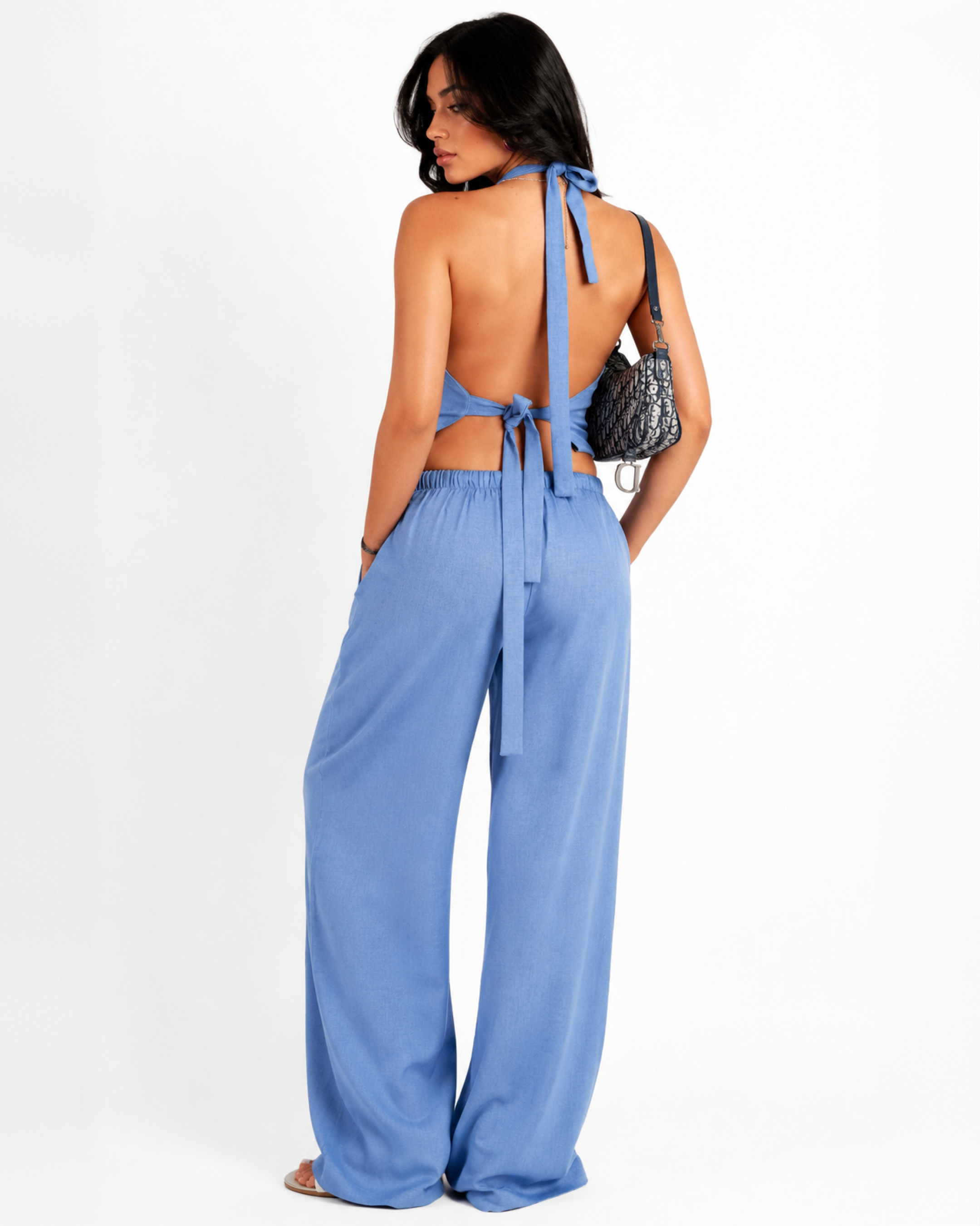 ice blue backless linen set
