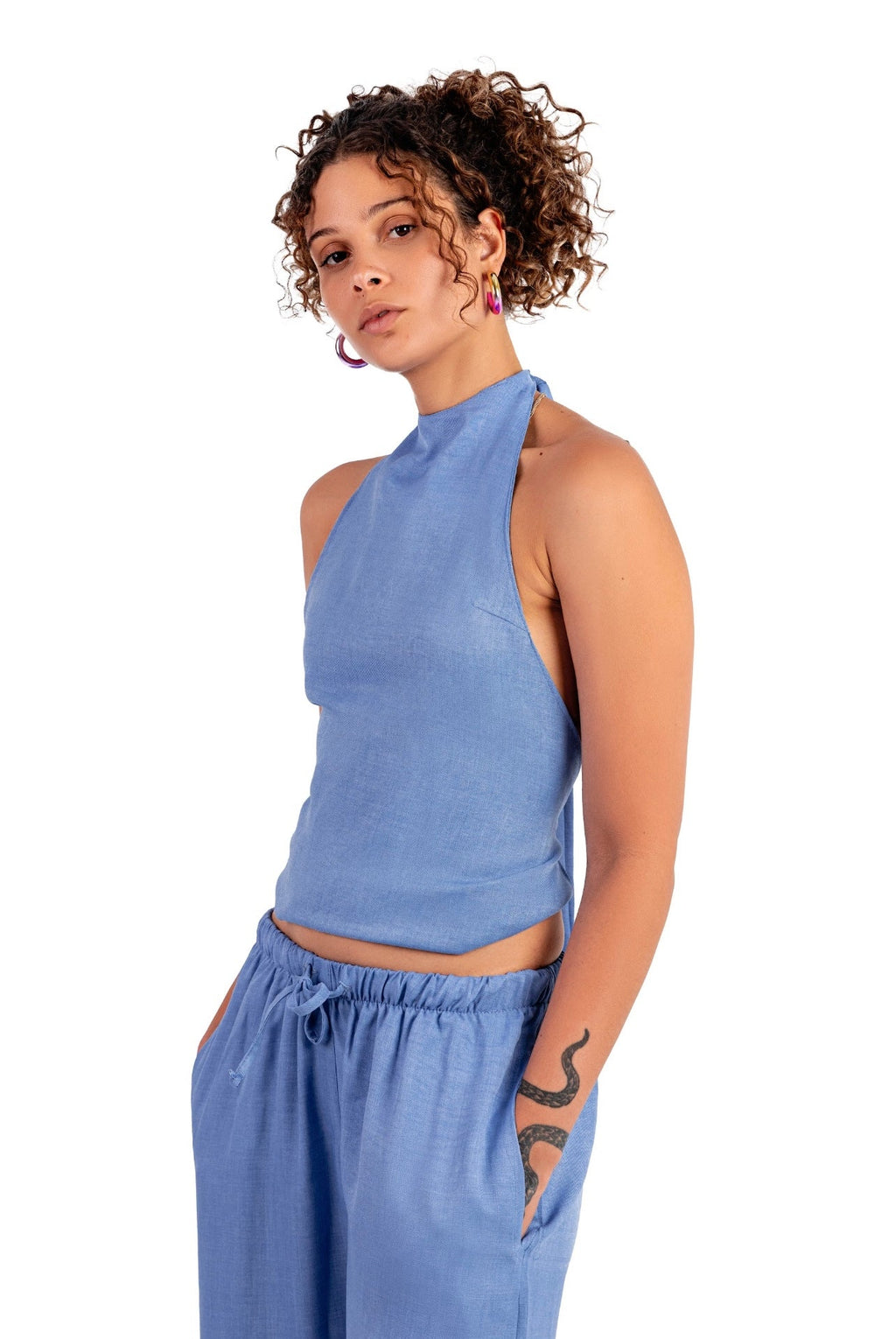 ice blue backless linen set