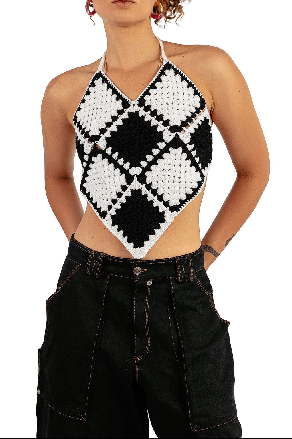 Backless Granny crochet top in black & white