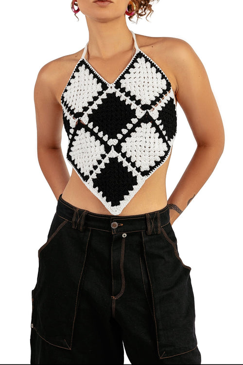 Backless Granny crochet top in black & white