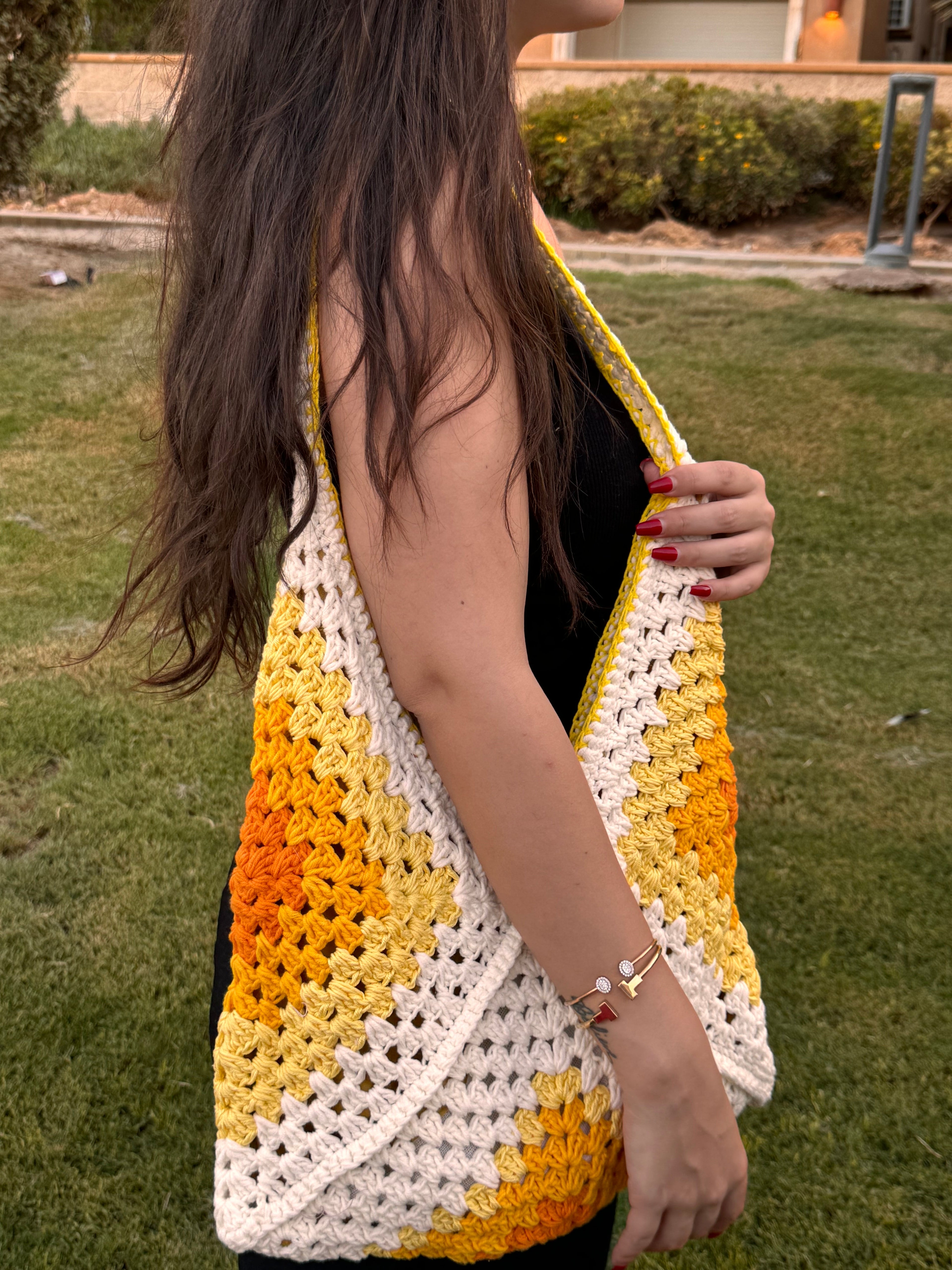yellow granny square crochet tote bag