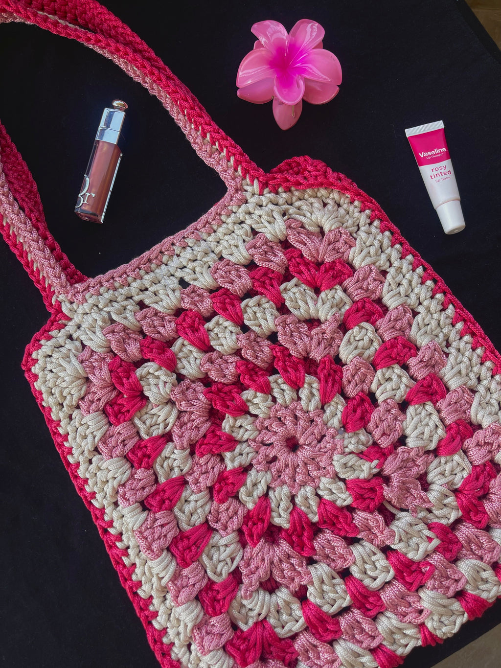 Pink granny square crochet tote bag