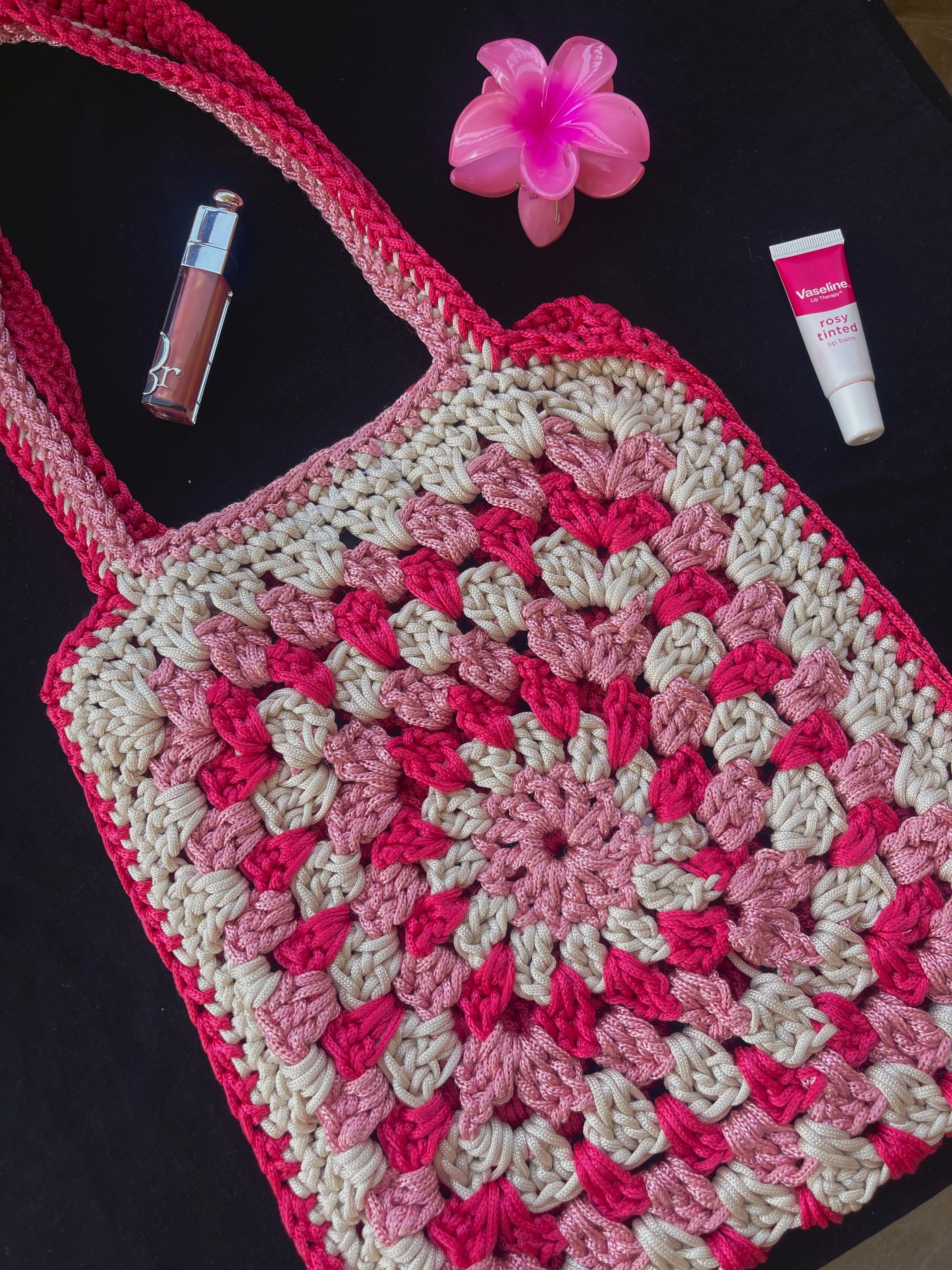 Pink granny square crochet tote bag