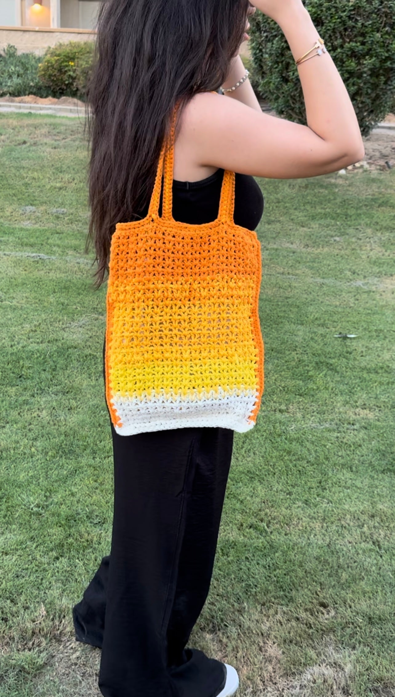 yellow X orange crochet tote bag