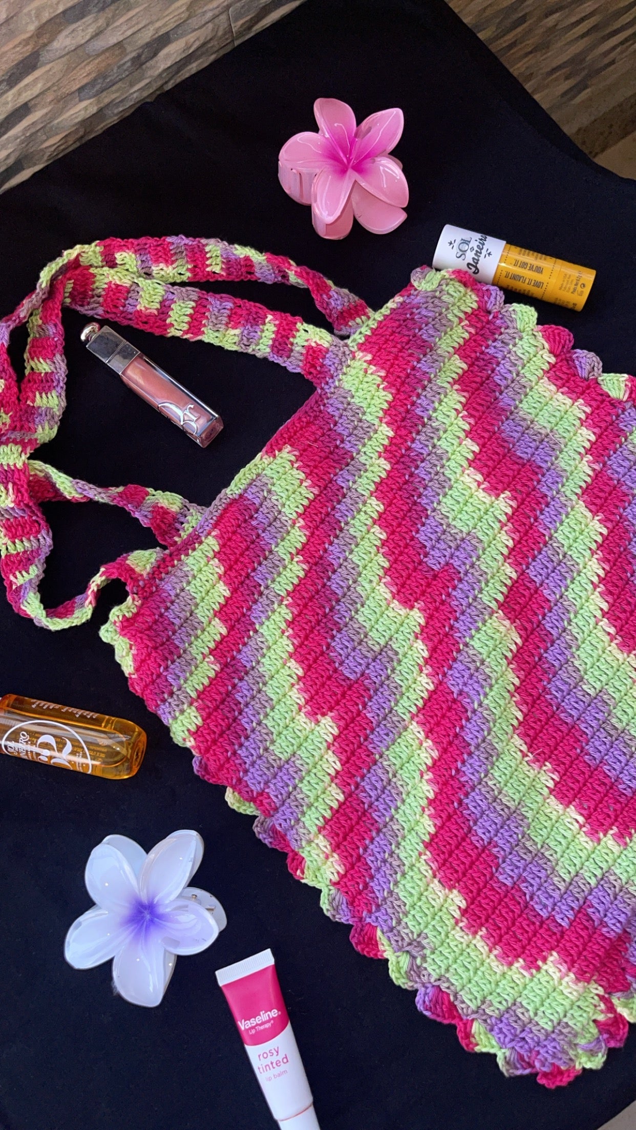 Pink X green crochet tote bag
