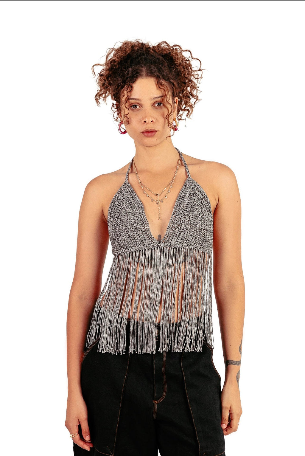 Boho crochet crop in dark silver