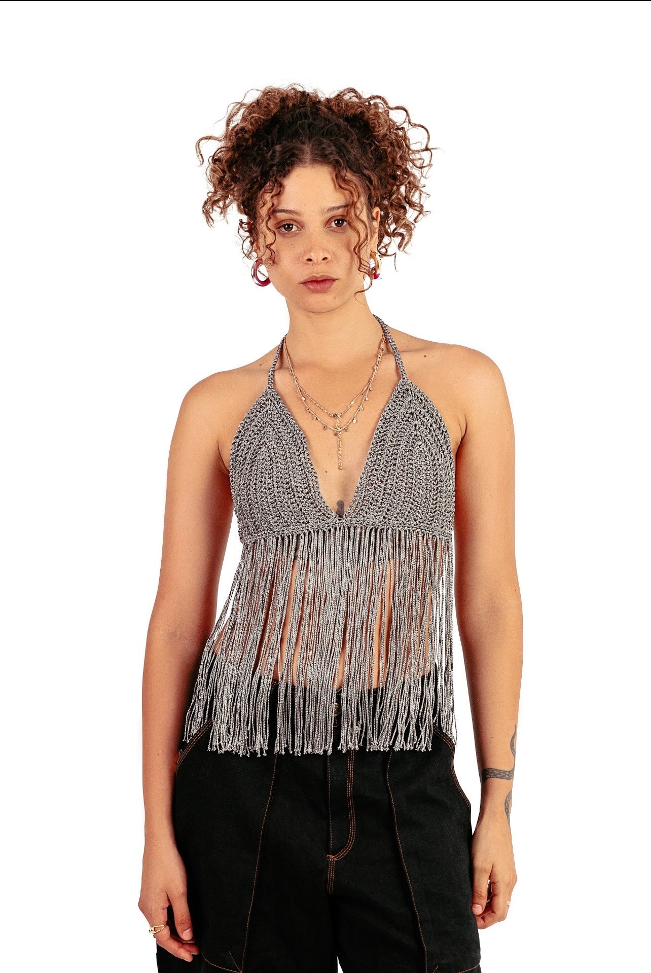 Boho crochet crop in dark silver