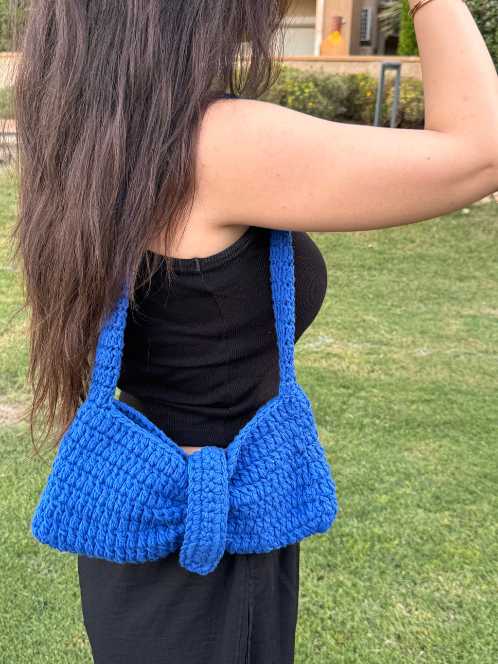 Royal blue bow crochet bag