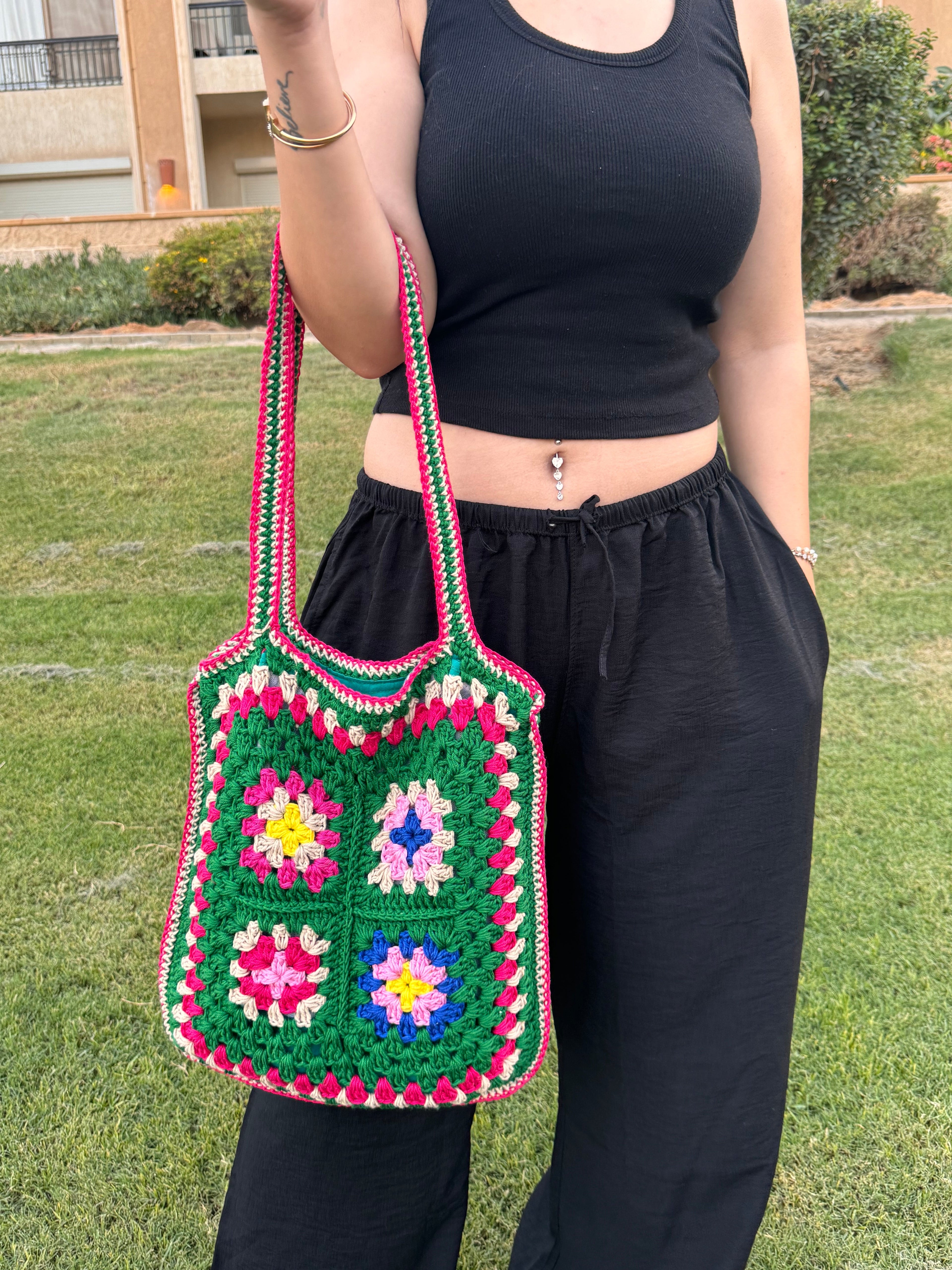 Green granny square crochet tote bag