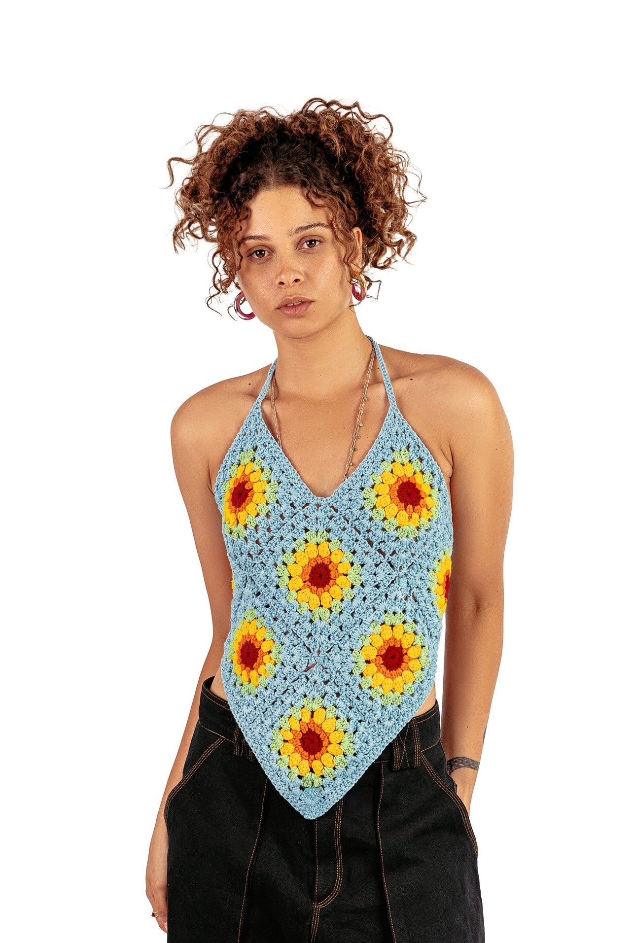 Backless sun flower crochet top in baby blue