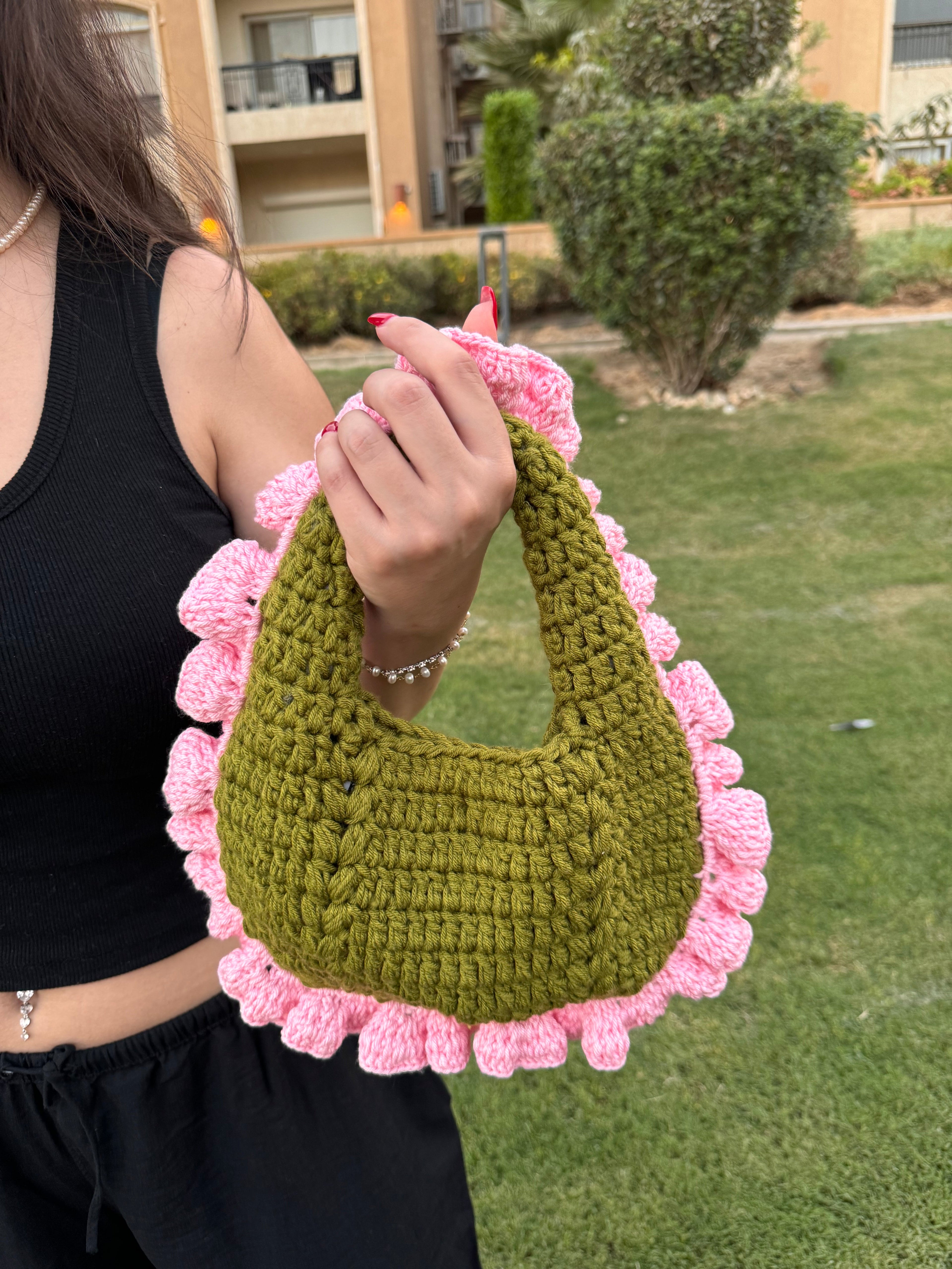 Olive x baby pink crochet bag