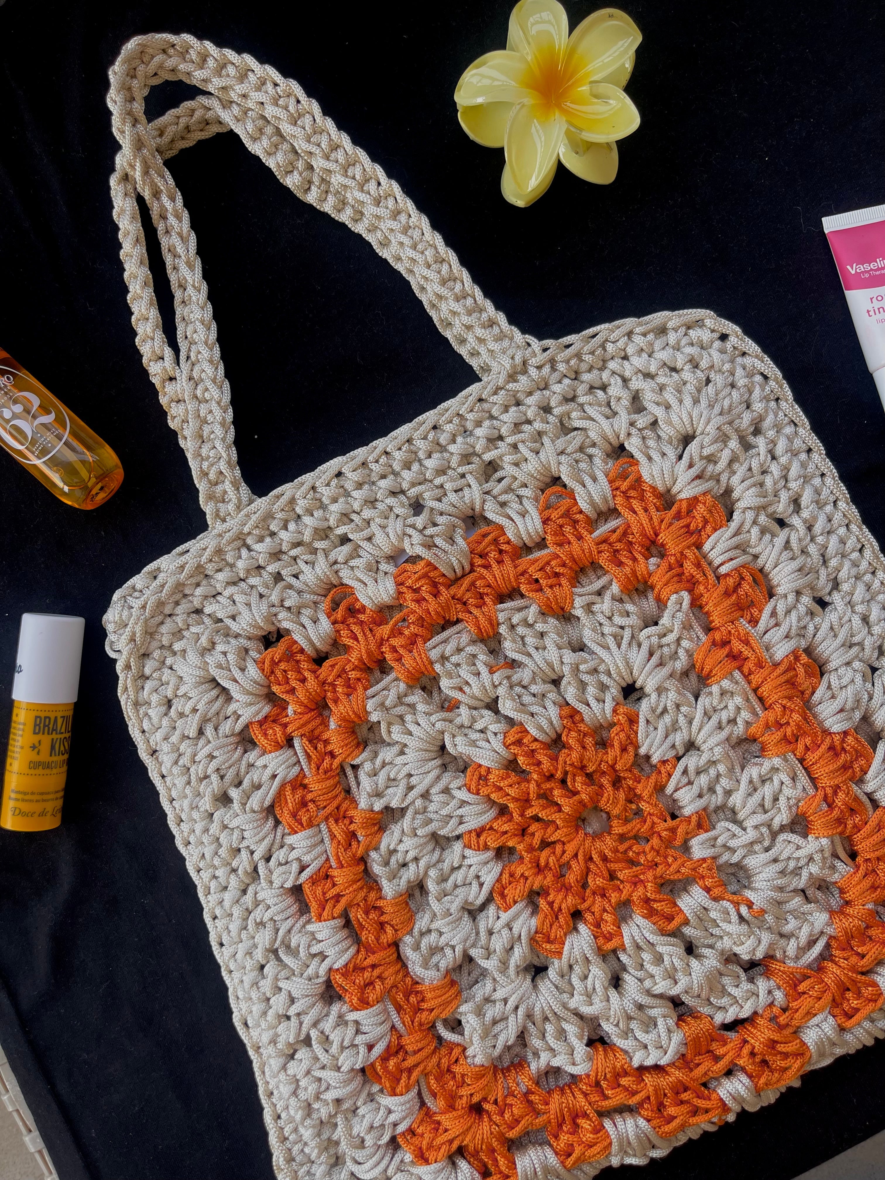Orange granny square crochet tote bag